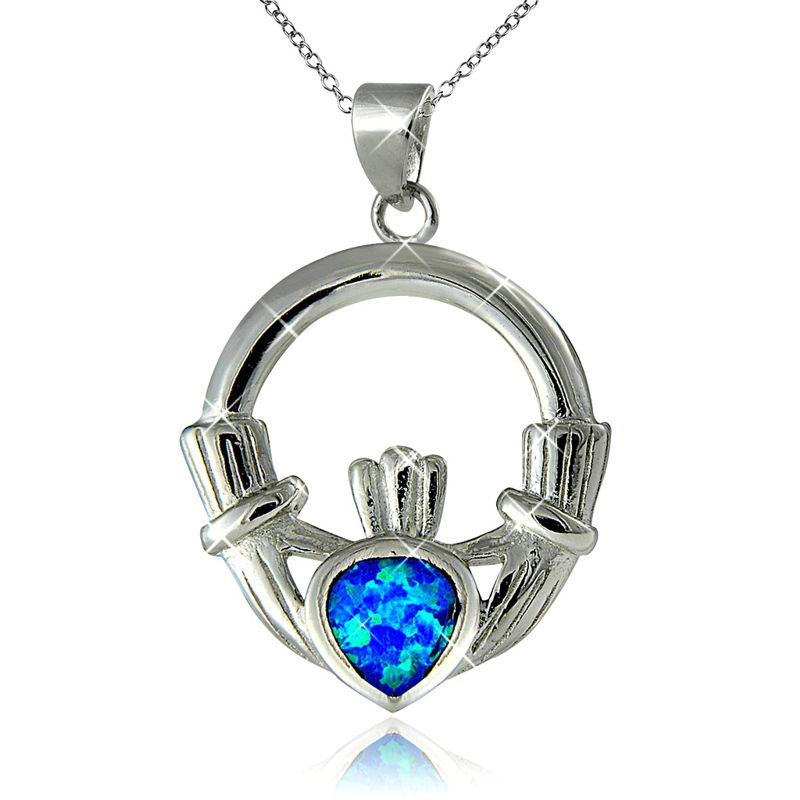 Blue Fire Opal Claddagh Pendant in Sterling Silver - Click Image to Close